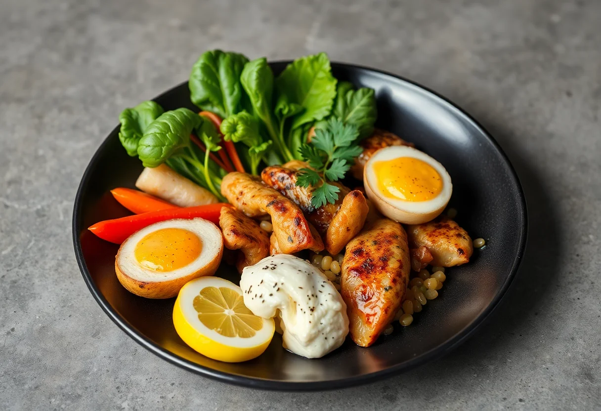A beautifully arranged, healthy meal on a dark plate, signifying natural and eco-chic dining.