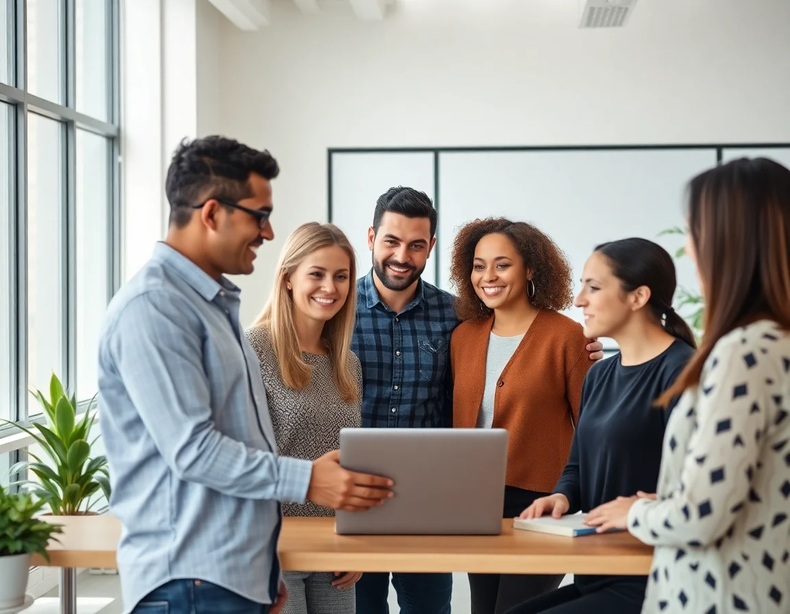 A diverse and collaborative team working together in a bright, modern office space.