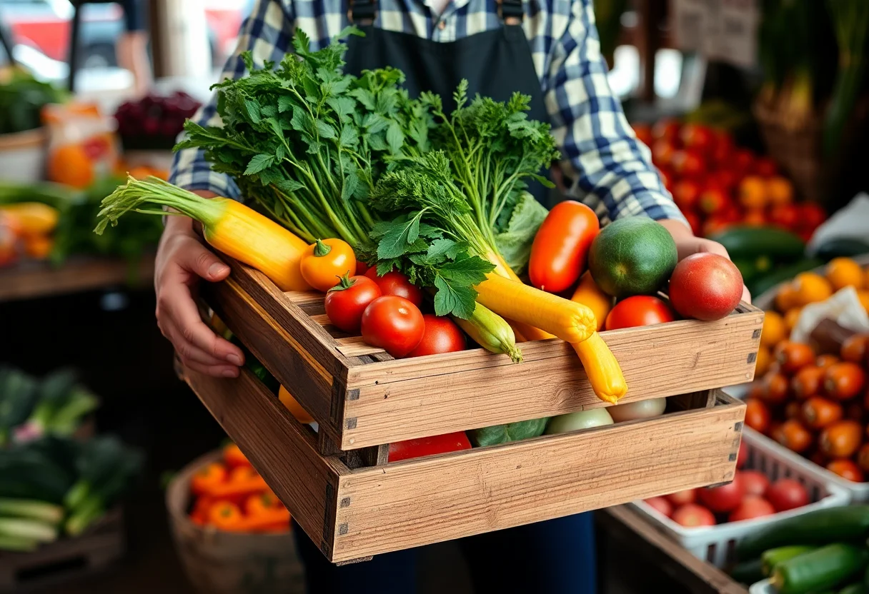 A person holding a wooden crate full of fresh, colorful organic vegetables at a local market.