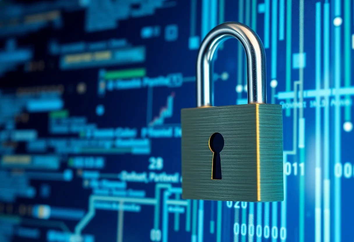 A secure padlock symbol on a digital background representing data security