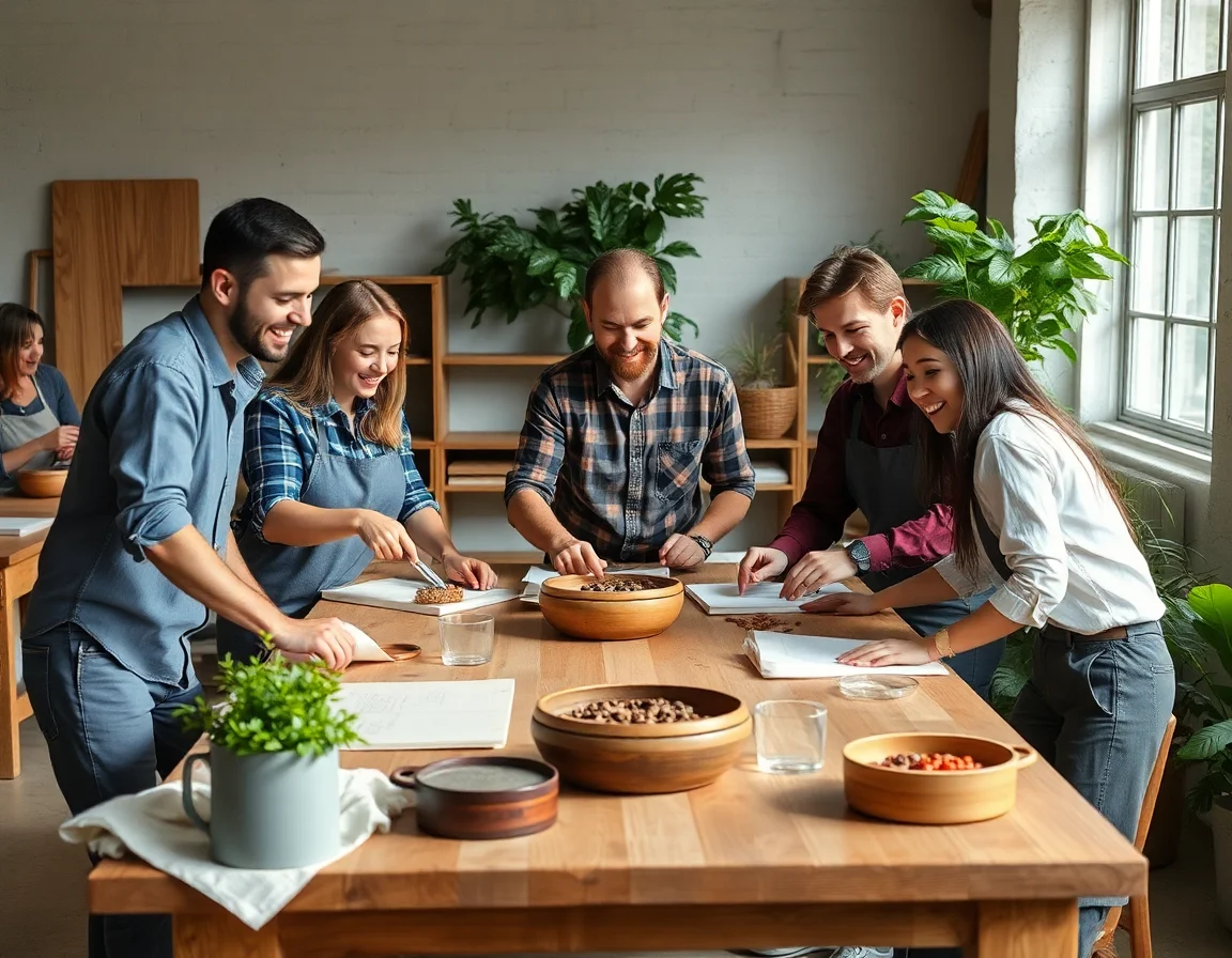 A team of passionate people collaborating around a table with sustainable materials.