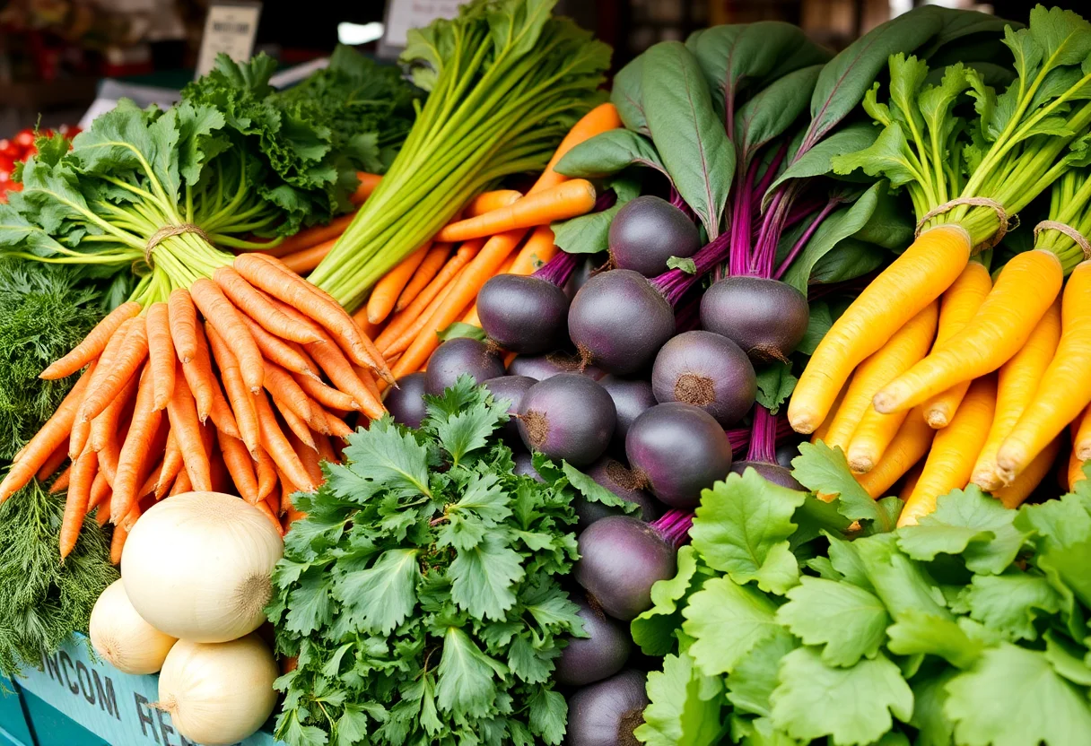 A variety of fresh vegetables like carrots, beets, and greens at a local farmers market stall.