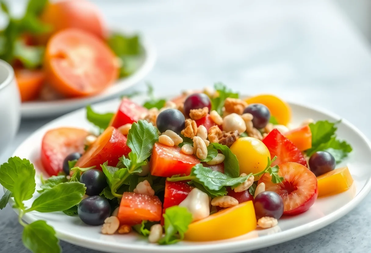 A vibrant salad with seasonal fruits, nuts, and a light vinaigrette.