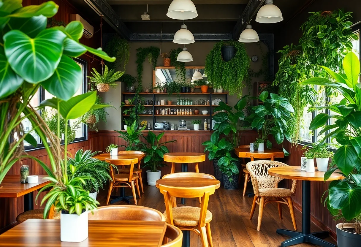 Cozy interior of a cafe with wooden furniture and many green plants