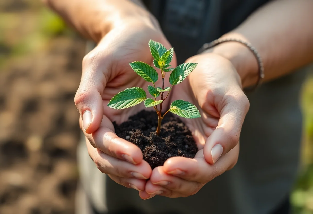 Hands holding a young green sapling, symbolizing growth and sustainability