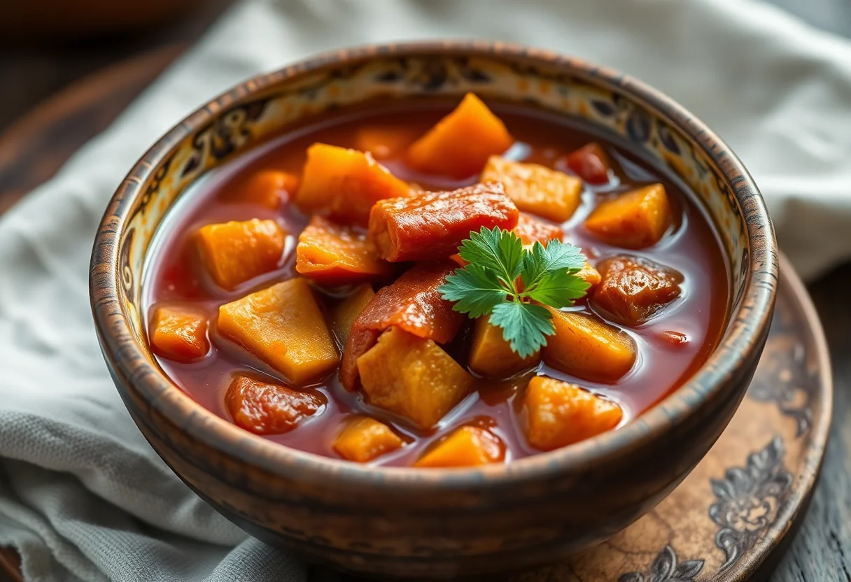 Hearty root vegetable stew in a rustic bowl, garnished with fresh herbs.