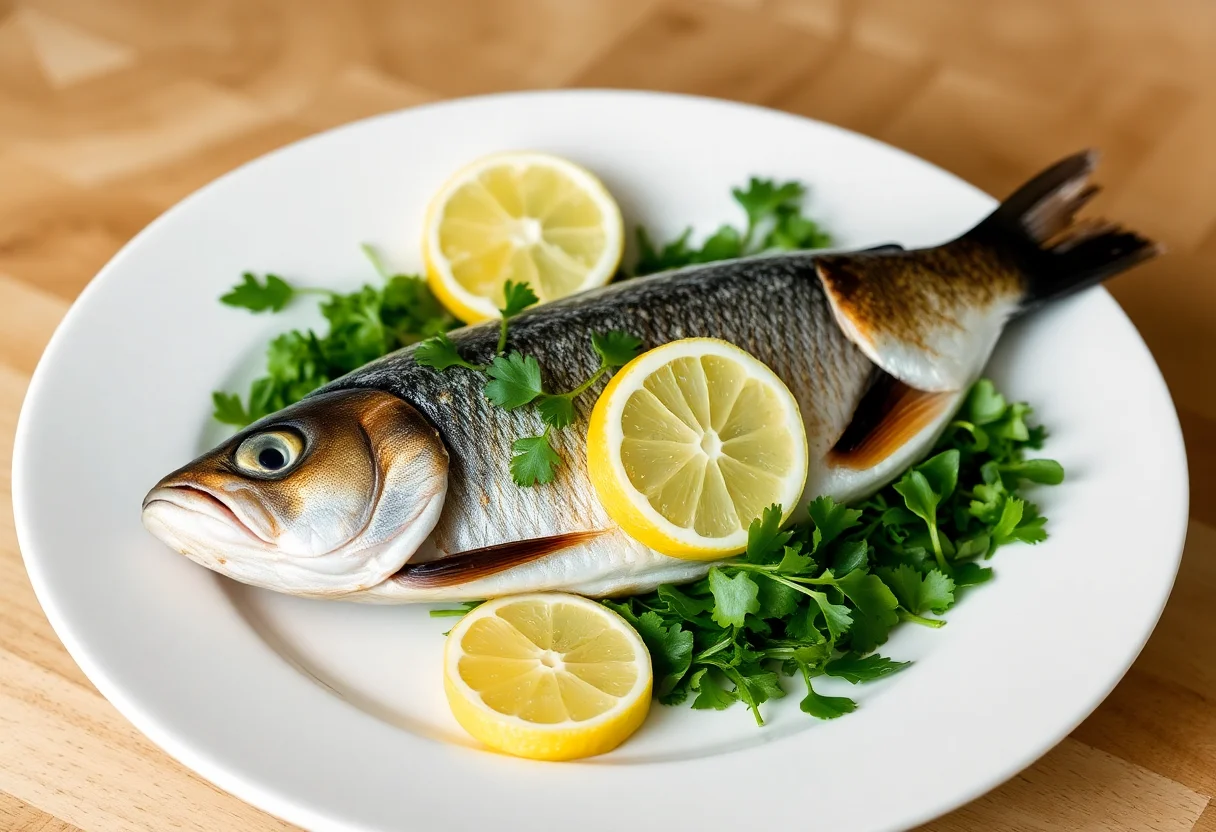 Seasonal fish dish with fresh greens and lemon slices on a white plate.